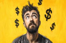 A painted image of a bearded man looking upward with a thoughtful expression. Dollar signs surround his head against a bright yellow background, suggesting he is thinking about money.