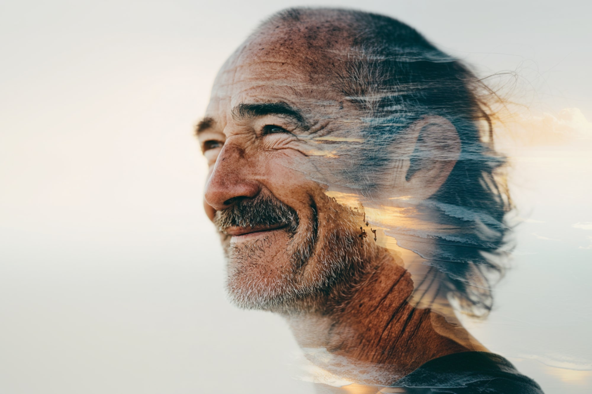 A smiling older man with gray hair and a beard, overlaid with a double exposure of a scenic ocean sunset, blending his profile with waves and sky.