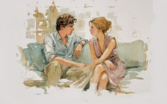 A man and woman sit closely on a couch, facing each other and appearing deep in conversation. The art style is soft and painterly, with muted colors and gentle, expressive brushstrokes.
