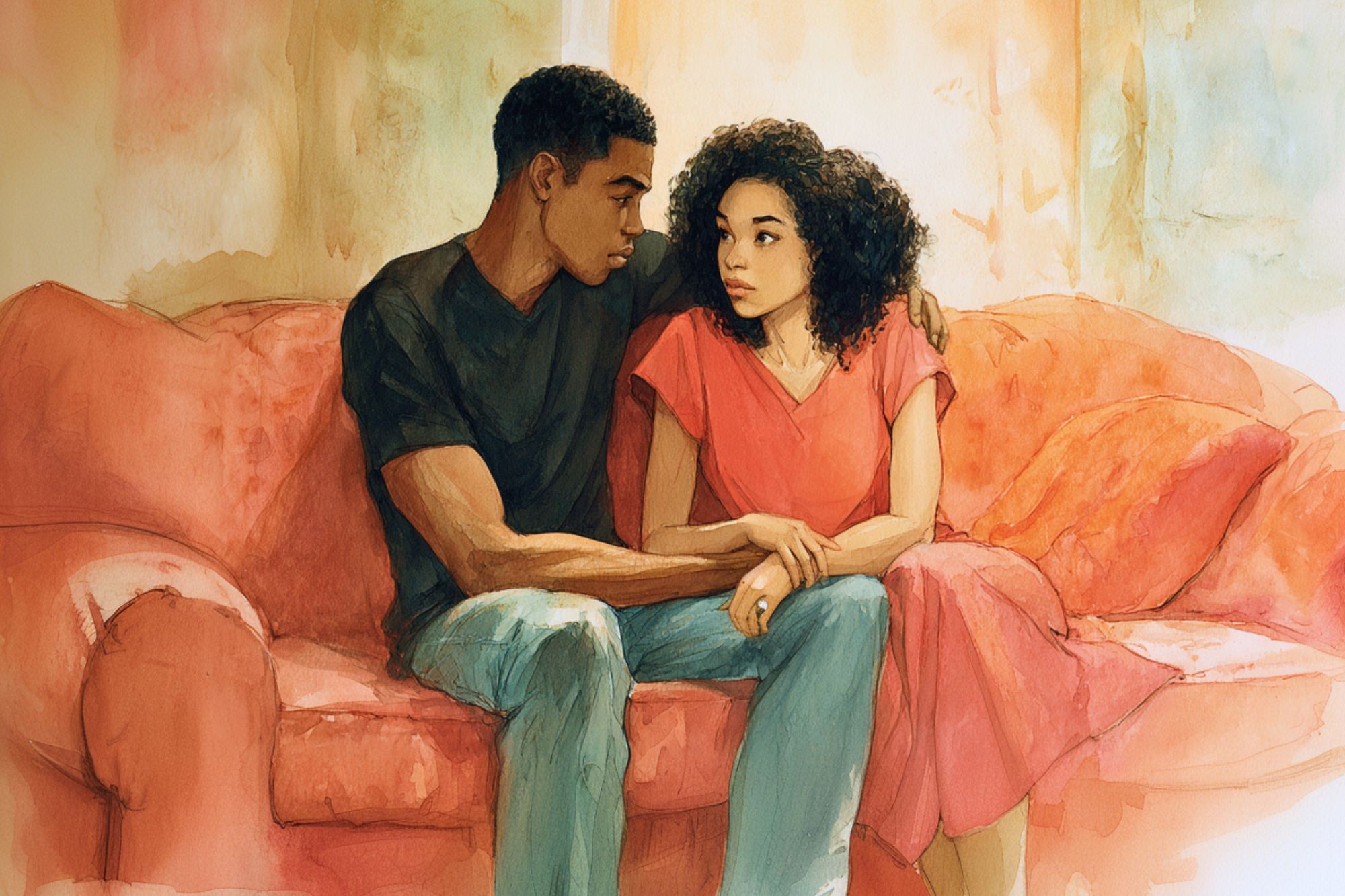 A man and woman sit close together on a red couch, looking into each other’s eyes with serious expressions. The woman wears a pink dress, and the man wears a black shirt and jeans. They hold hands in a comforting gesture.
