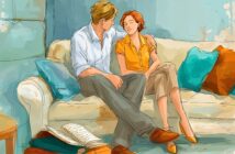 A man and woman sit closely together on a couch, with the man's arm around the woman. Both appear relaxed and content. There are colorful cushions and an open notebook on a nearby table.