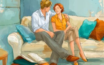 A man and woman sit closely together on a couch, with the man's arm around the woman. Both appear relaxed and content. There are colorful cushions and an open notebook on a nearby table.