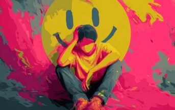 A person sits on the ground with their head resting on one hand, appearing sad, in front of a large yellow smiley face on a colorful pink and yellow abstract background.