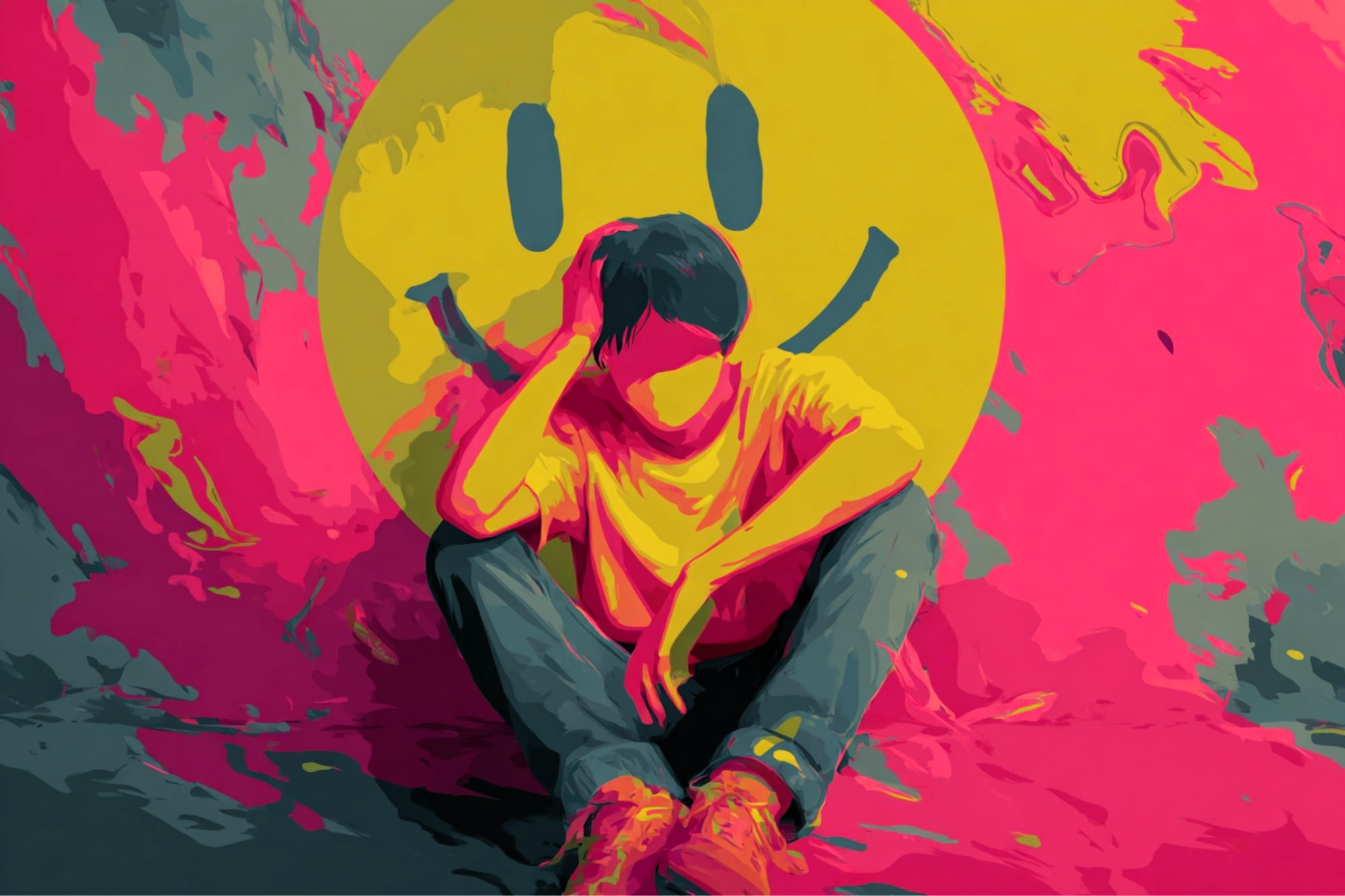 A person sits on the ground with their head resting on one hand, appearing sad, in front of a large yellow smiley face on a colorful pink and yellow abstract background.