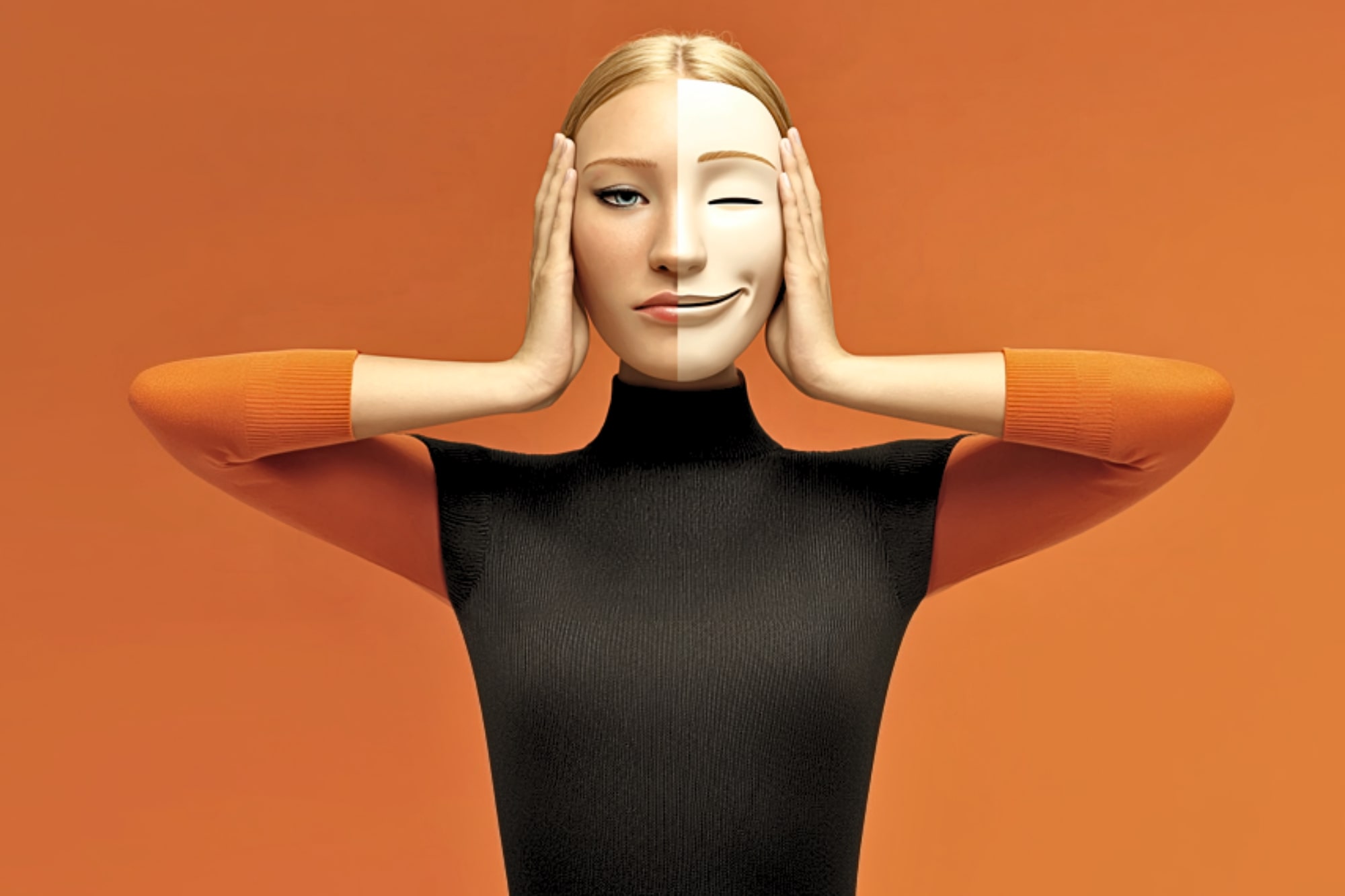 A woman in a black and orange outfit holds a mask over her face. The mask, split down the middle, shows a neutral expression on one side and a winking, smiling face on the other. The background is orange.