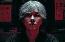 A person with short, white hair sits facing forward in a dim, red-lit room. Their expression is serious, with sharp shadows and a stylized, painterly effect creating a dramatic and intense mood.