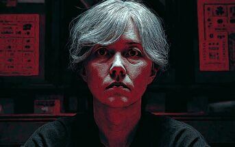 A person with short, white hair sits facing forward in a dim, red-lit room. Their expression is serious, with sharp shadows and a stylized, painterly effect creating a dramatic and intense mood.