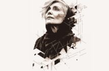 A digital illustration of an older woman with short hair and a scarf, gazing upward. Geometric lines and shapes intersect her portrait, creating a modern, abstract effect. The image uses neutral tones on a light background.