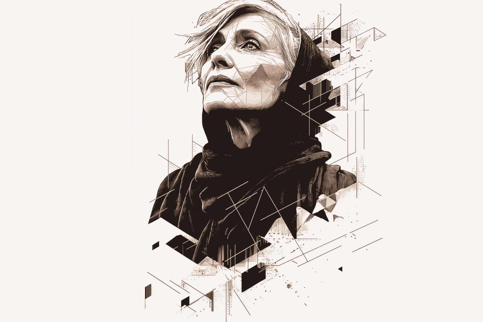 A digital illustration of an older woman with short hair and a scarf, gazing upward. Geometric lines and shapes intersect her portrait, creating a modern, abstract effect. The image uses neutral tones on a light background.