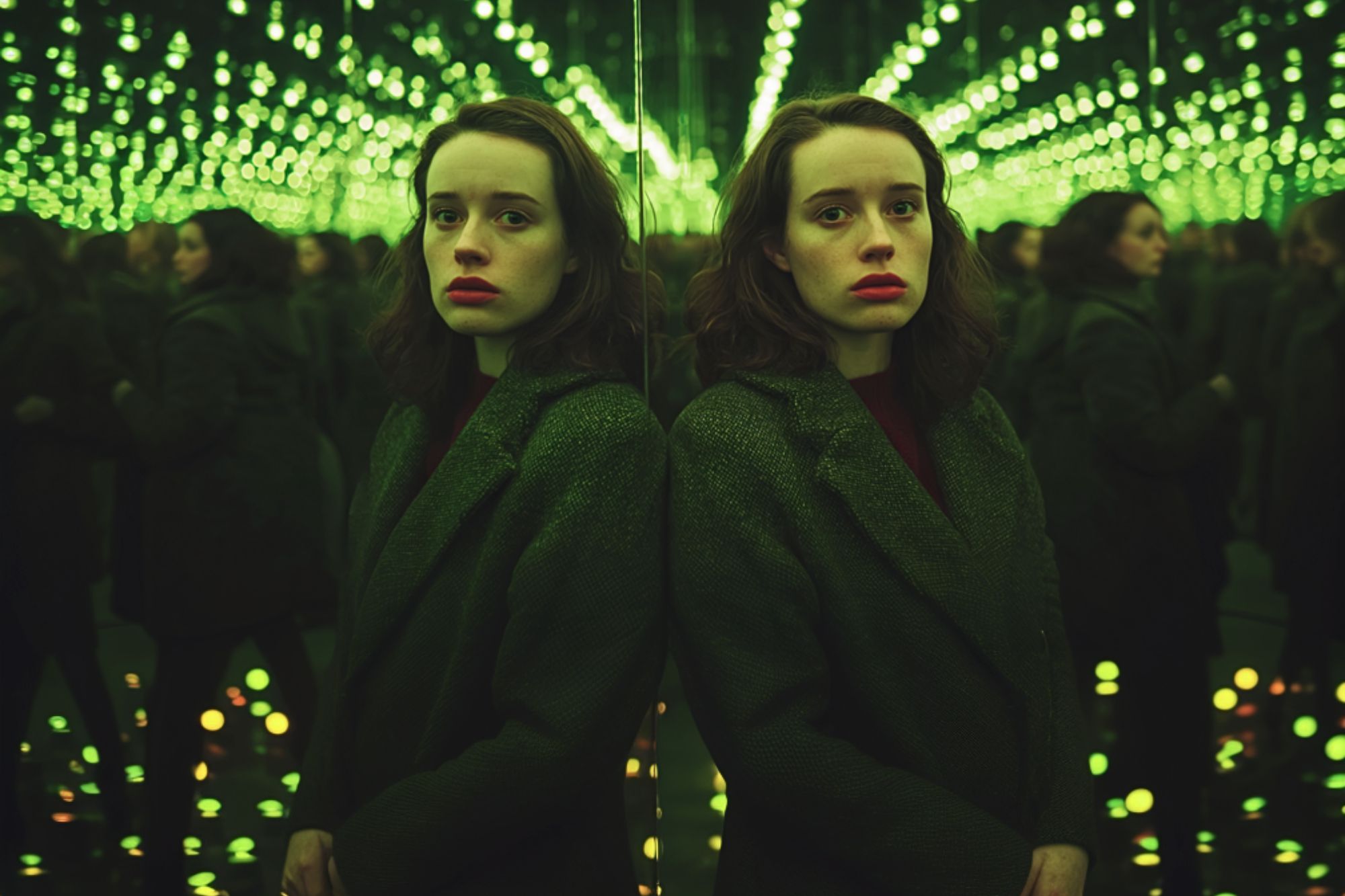 A woman with pale skin and dark hair stands next to a mirrored wall in a room filled with green lights, creating infinite reflections. She wears a dark coat and looks directly at the camera with a serious expression.