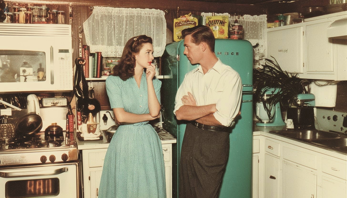 A woman in a blue dress and a man in a white shirt talk in a vintage kitchen with white cabinets and a turquoise fridge, surrounded by retro appliances and food packages.