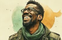 A smiling man with glasses and a beard looks upward. He wears a green scarf and jacket. The background features abstract watercolor shapes in light blue and orange tones.