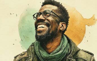 A smiling man with glasses and a beard looks upward. He wears a green scarf and jacket. The background features abstract watercolor shapes in light blue and orange tones.