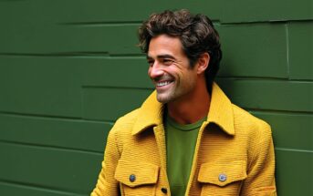 A man with wavy brown hair and a bright smile stands against a green wall, wearing a yellow jacket over a green shirt. He is looking to the side and appears happy and relaxed.