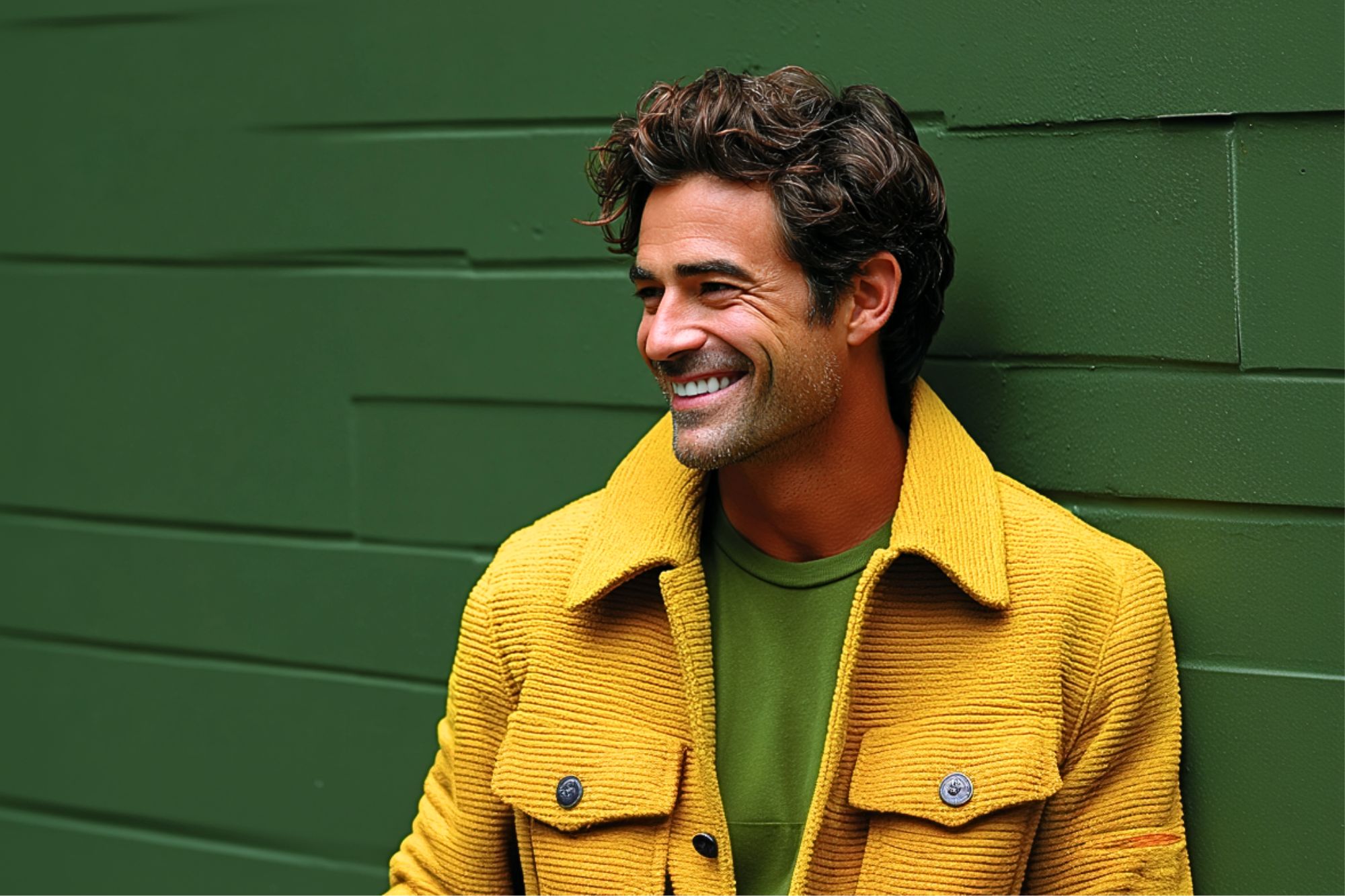 A man with wavy brown hair and a bright smile stands against a green wall, wearing a yellow jacket over a green shirt. He is looking to the side and appears happy and relaxed.