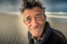 An older man with tousled hair and deep wrinkles smiles gently at the camera, standing on a sandy beach with blurred waves and sky in the background. He wears a cozy, textured sweater.