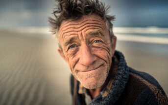 An older man with tousled hair and deep wrinkles smiles gently at the camera, standing on a sandy beach with blurred waves and sky in the background. He wears a cozy, textured sweater.
