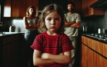 A young girl with crossed arms stands in the foreground of a kitchen, looking serious. Behind her, a man and woman stand with arms crossed, appearing tense, suggesting a family disagreement.