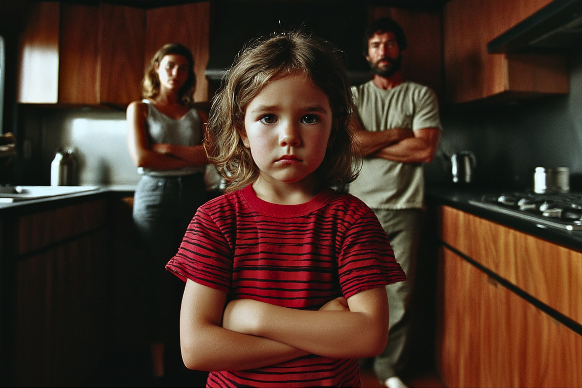 A young girl with crossed arms stands in the foreground of a kitchen, looking serious. Behind her, a man and woman stand with arms crossed, appearing tense, suggesting a family disagreement.