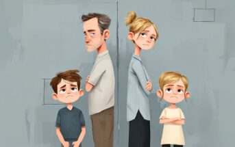 An illustration of a sad man and boy facing left and a sad woman and girl facing right, standing back to back with a wall between them, suggesting family conflict or separation.