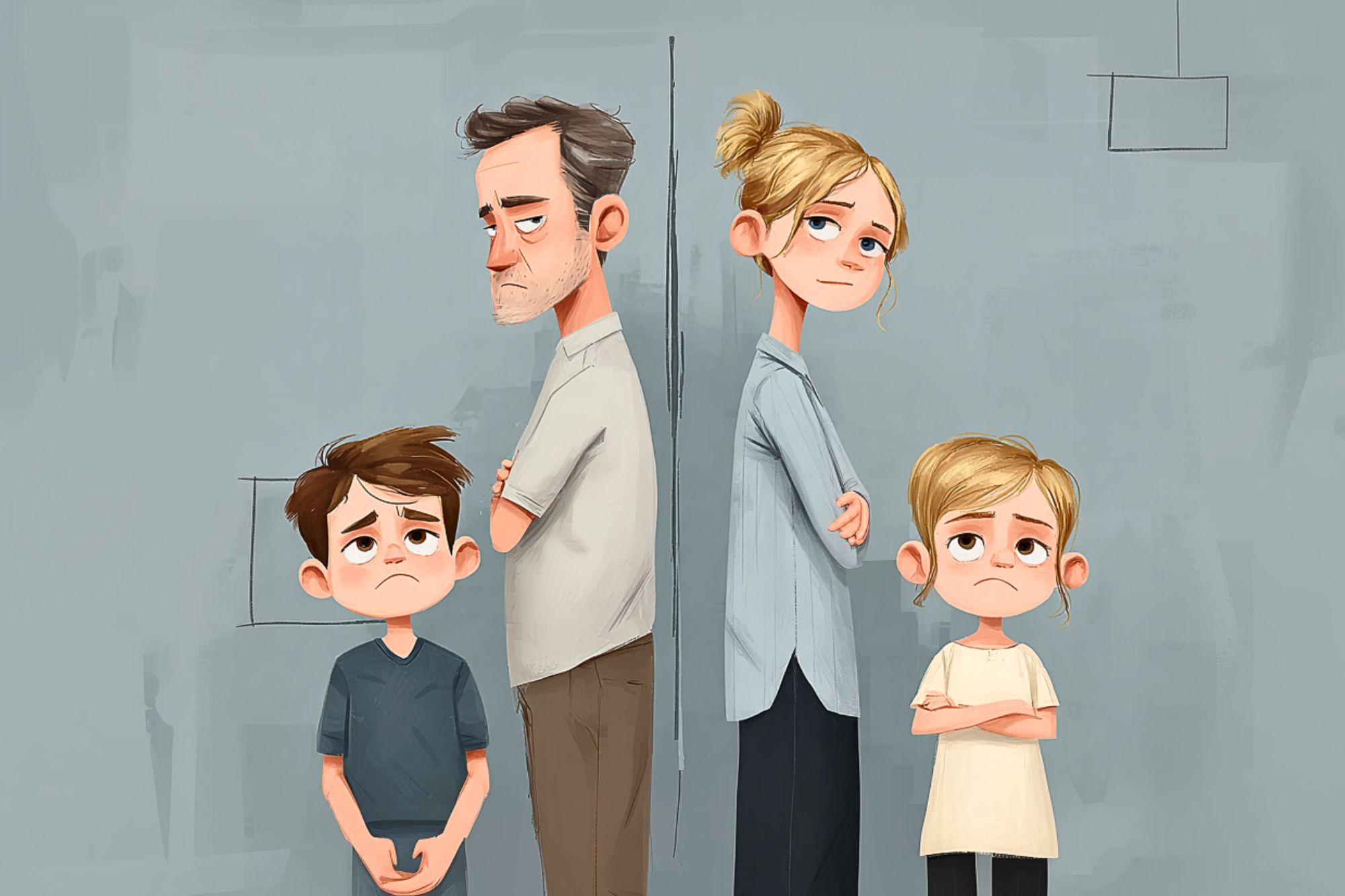 An illustration of a sad man and boy facing left and a sad woman and girl facing right, standing back to back with a wall between them, suggesting family conflict or separation.