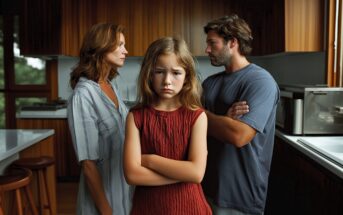 A young girl stands in the foreground looking sad, while a woman and a man stand behind her in a kitchen, facing each other with crossed arms, appearing to argue or be in conflict.