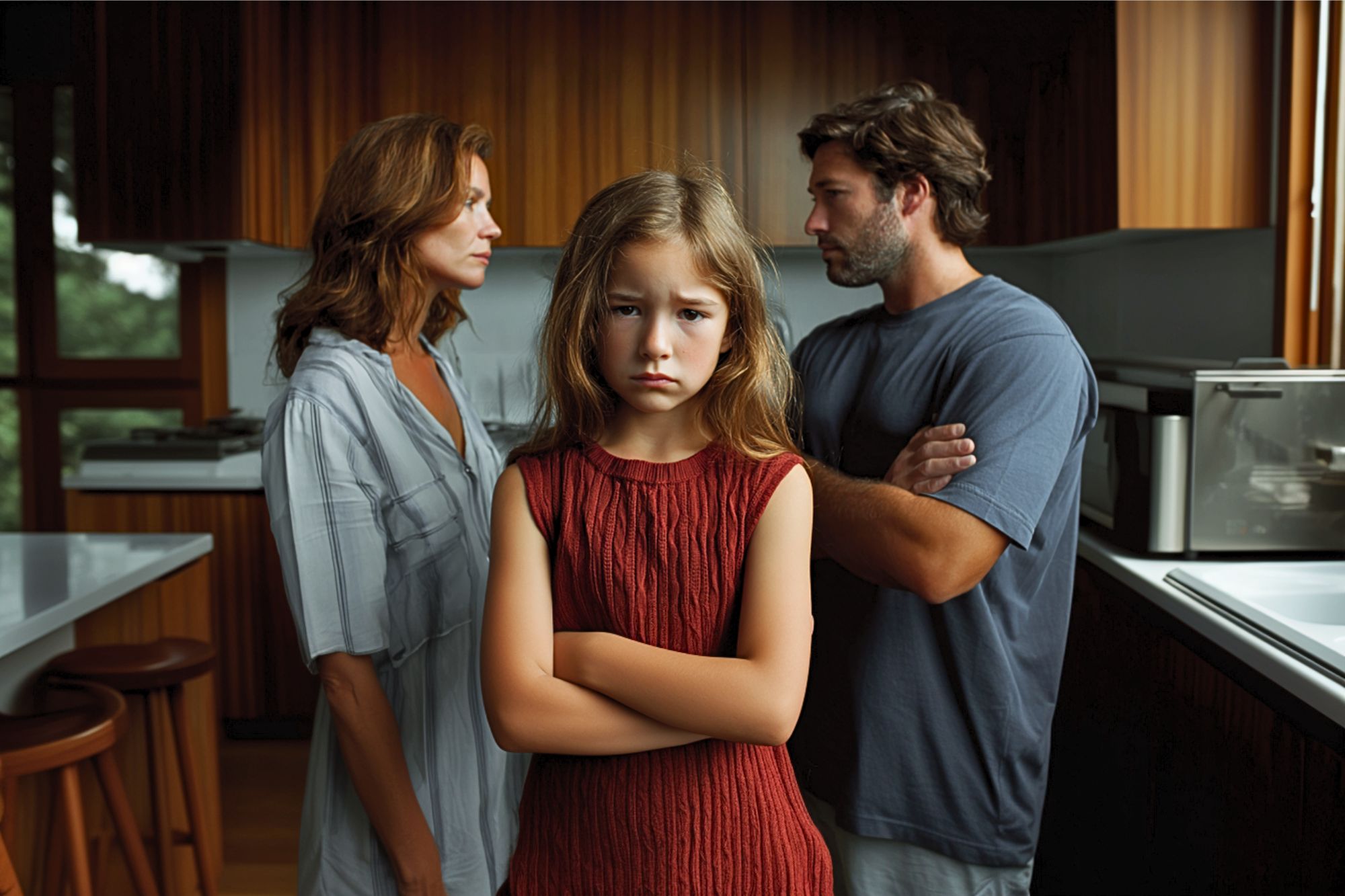 A young girl stands in the foreground looking sad, while a woman and a man stand behind her in a kitchen, facing each other with crossed arms, appearing to argue or be in conflict.