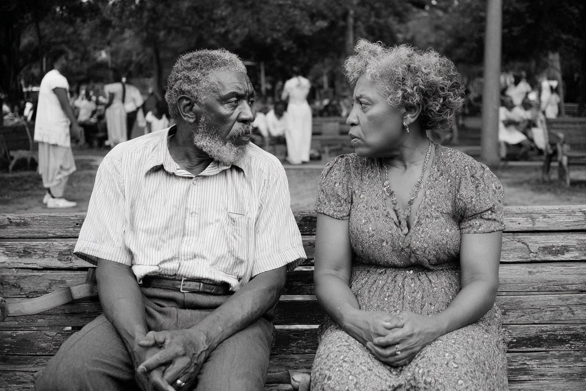 An elderly man and woman sit closely on a worn wooden bench in a park, facing each other and appearing deep in conversation. People and trees are visible in the blurred background. The image is in black and white.