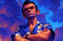 A digital painting of a stern man with dark hair wearing a blue Hawaiian shirt with white flowers. He stands with arms crossed against a dramatic sky with swirling purple and orange clouds.