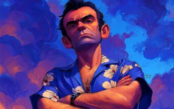 A digital painting of a stern man with dark hair wearing a blue Hawaiian shirt with white flowers. He stands with arms crossed against a dramatic sky with swirling purple and orange clouds.