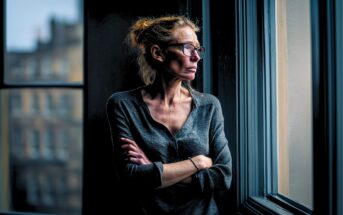 A woman with glasses and a gray shirt stands by a window with her arms crossed, looking outside thoughtfully. The background shows blurred buildings and soft light coming through the window.