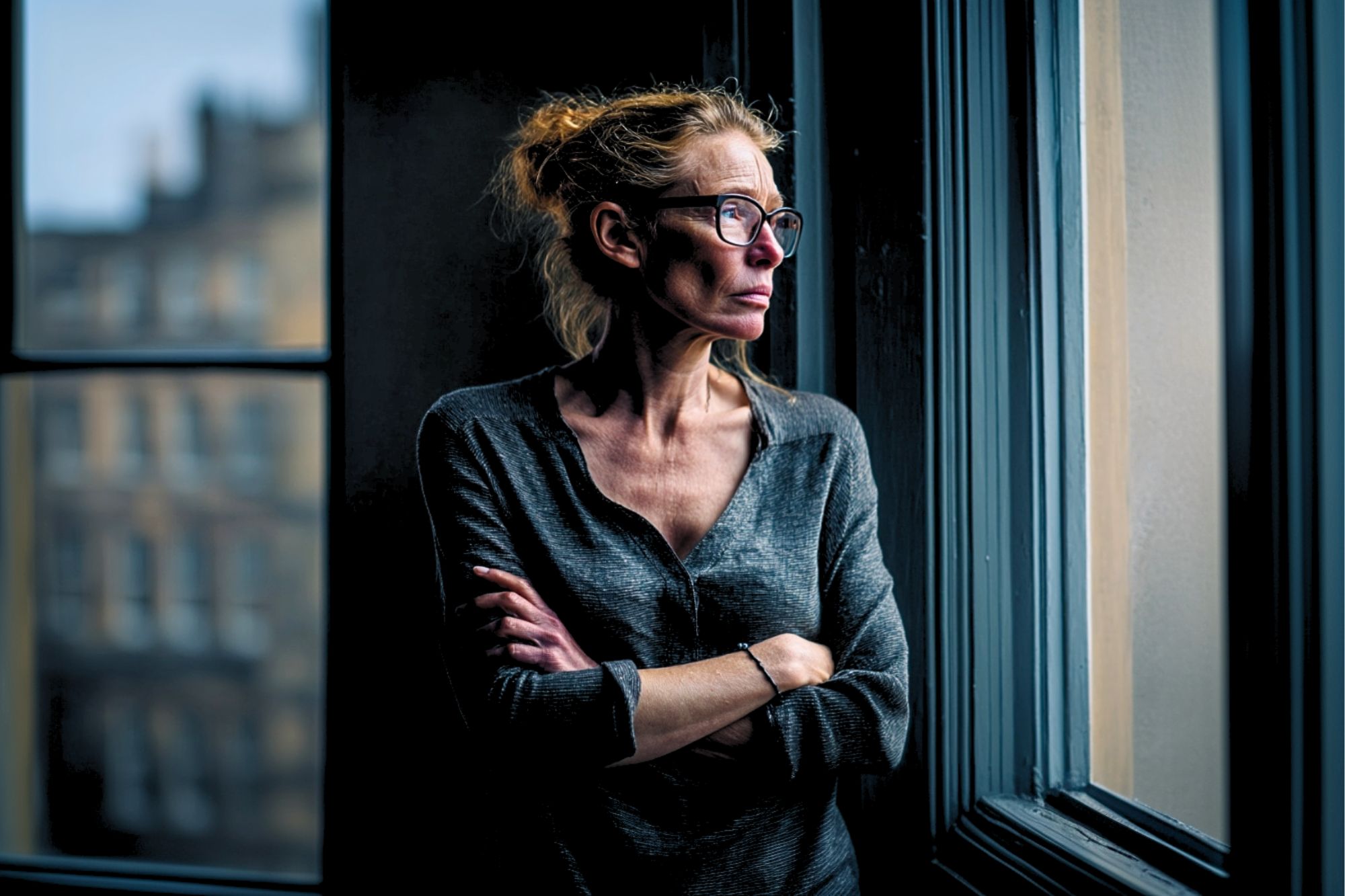 A woman with glasses and a gray shirt stands by a window with her arms crossed, looking outside thoughtfully. The background shows blurred buildings and soft light coming through the window.