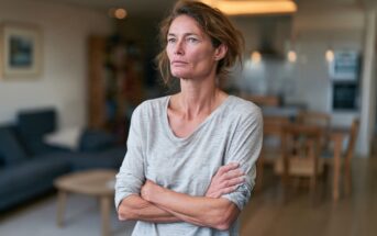A woman with her arms crossed looking off into the distance while standing in a living room.
