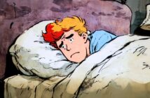 An illustration of a worried young person with red hair lying in bed, eyes wide open, head resting on a pillow, and a concerned expression on their face.