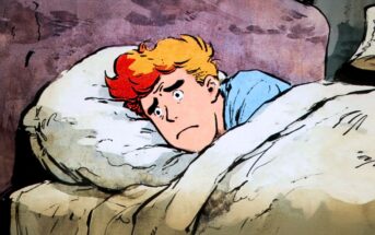 An illustration of a worried young person with red hair lying in bed, eyes wide open, head resting on a pillow, and a concerned expression on their face.