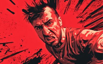 A stylized digital illustration of an angry man with spiky hair, yelling intensely. The background is bright red with dynamic black paint splatters and lines, emphasizing the sense of rage and energy.