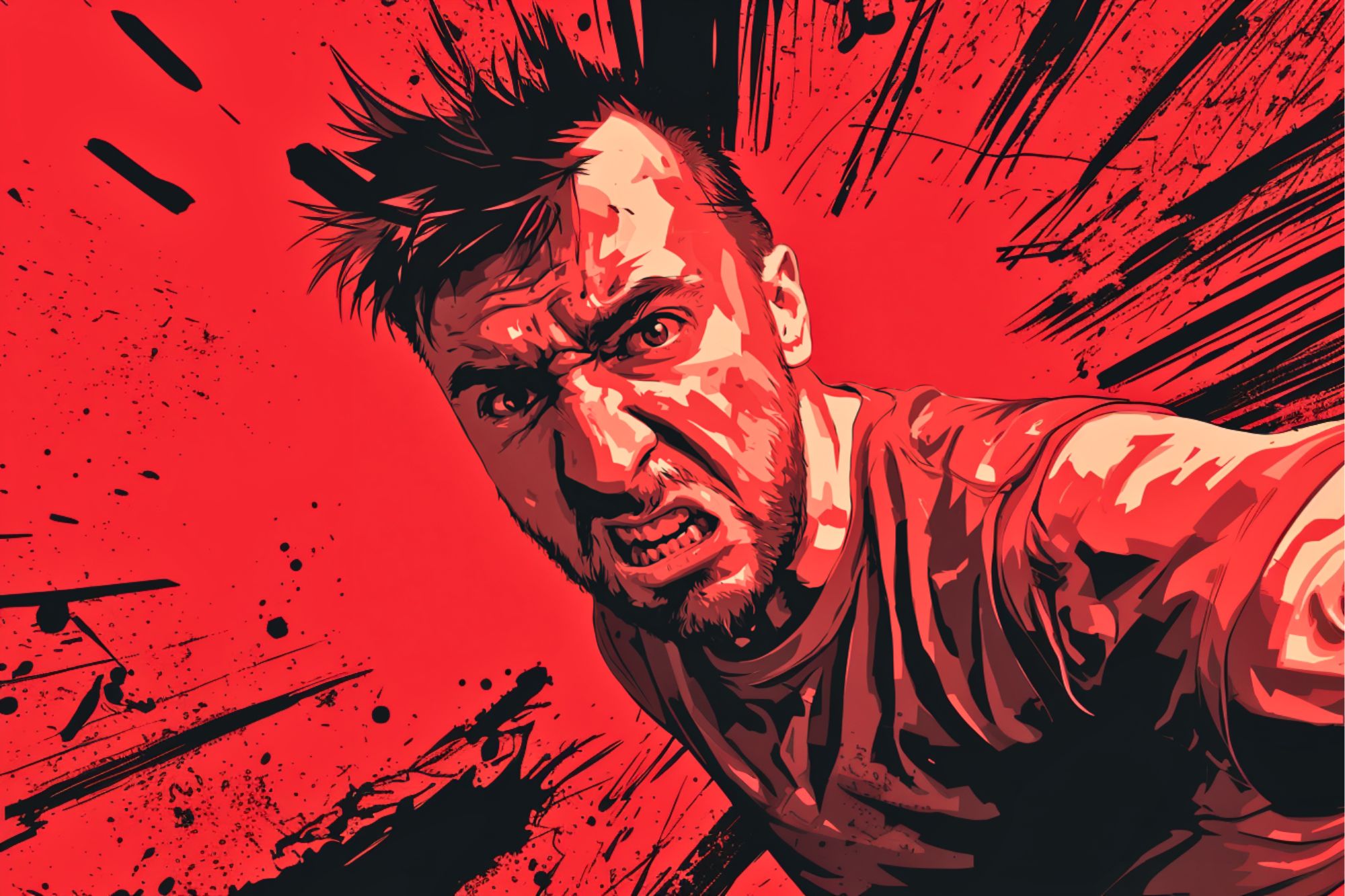 A stylized digital illustration of an angry man with spiky hair, yelling intensely. The background is bright red with dynamic black paint splatters and lines, emphasizing the sense of rage and energy.