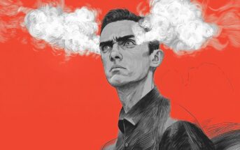 A grayscale illustration of a serious man in a collared shirt with white clouds emerging from his eyes, set against a bold red background. The image conveys intense emotion or frustration.
