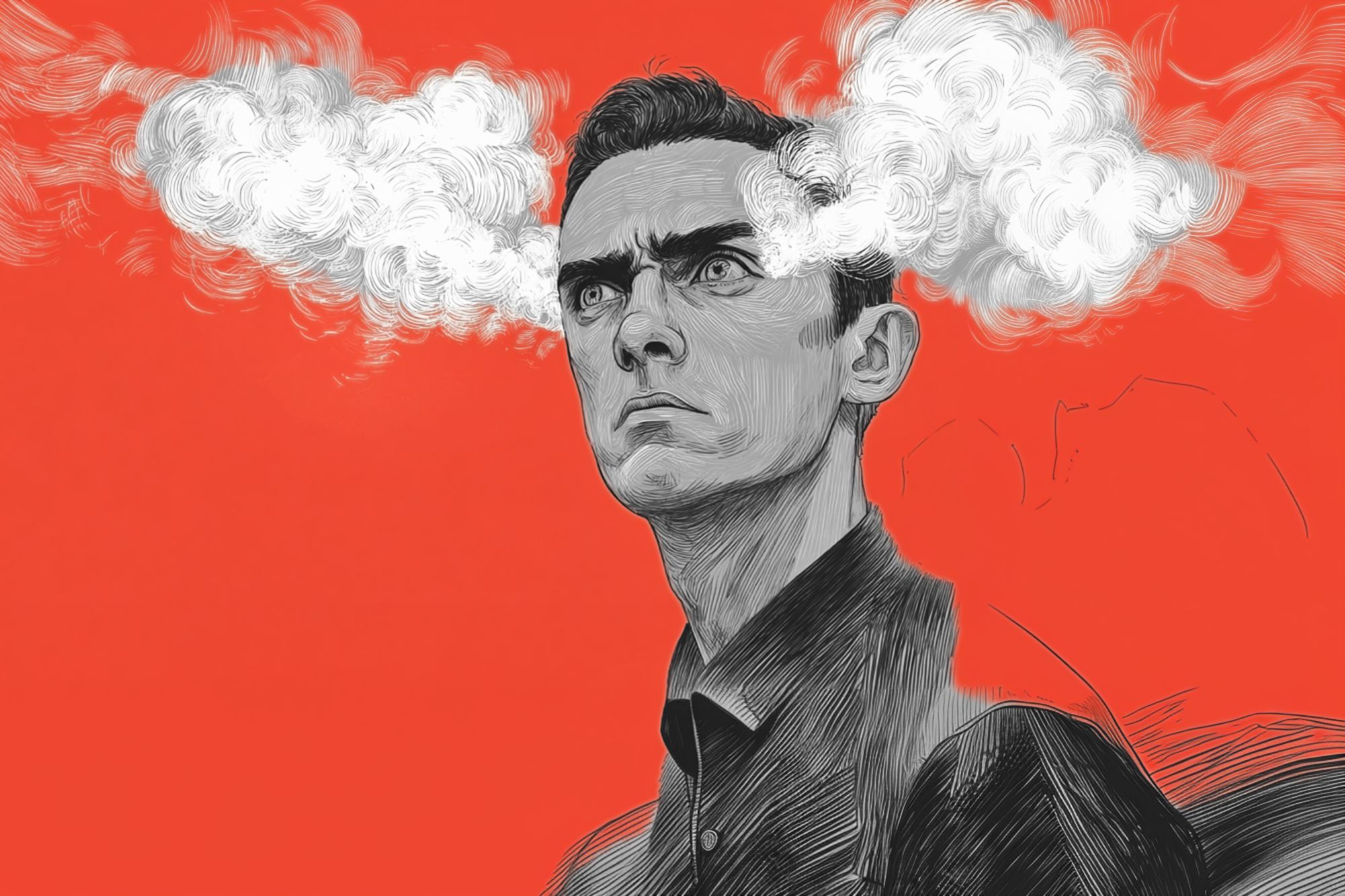 A grayscale illustration of a serious man in a collared shirt with white clouds emerging from his eyes, set against a bold red background. The image conveys intense emotion or frustration.