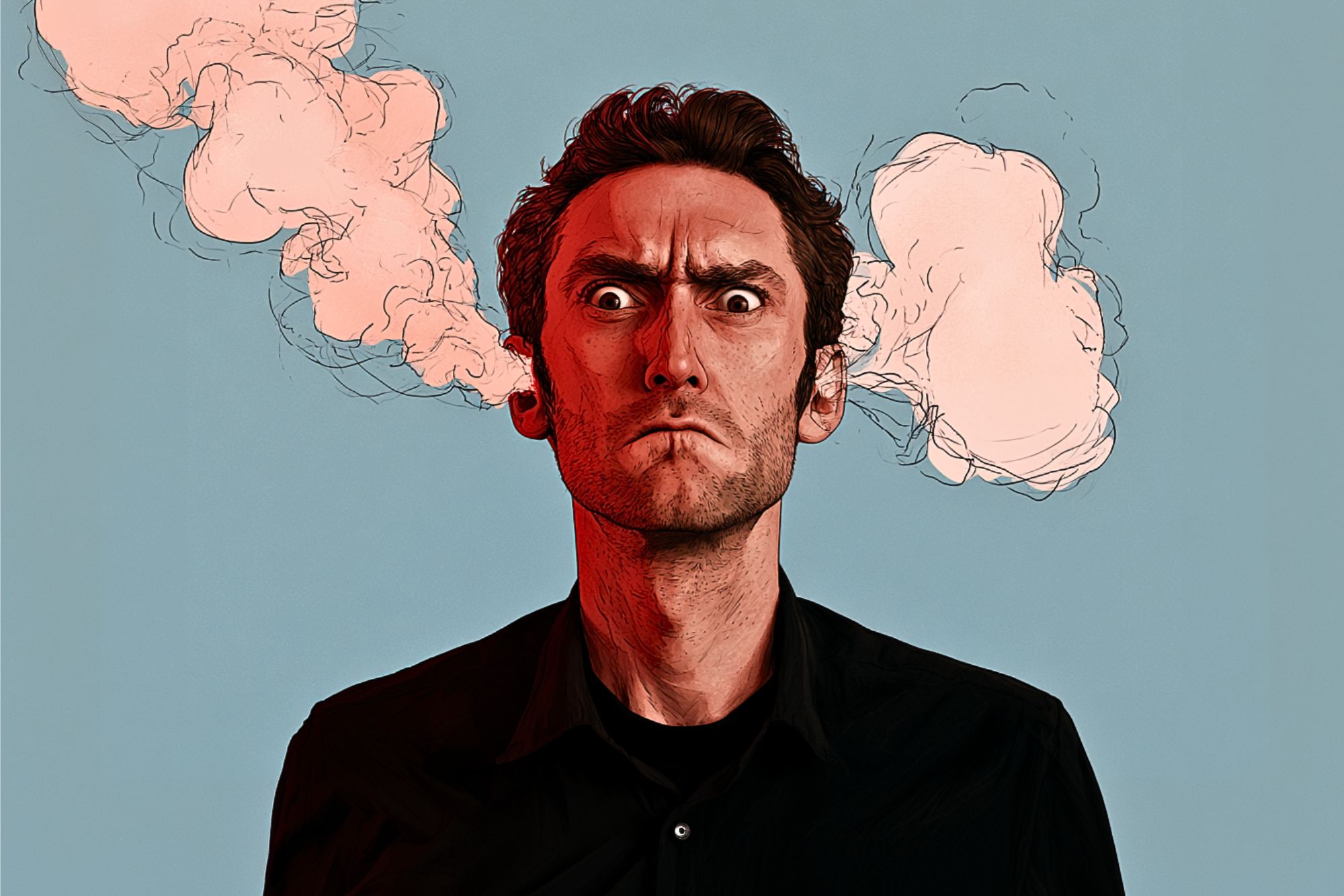 A man with an angry expression has pink smoke cartoonishly coming out of his ears, against a plain blue background.