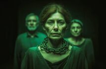 A serious woman with a chain around her neck stands in the foreground, with two older people blurred behind her. The image has a dark, green-tinted lighting, giving a somber, dramatic atmosphere.