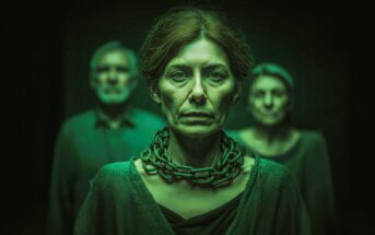A serious woman with a chain around her neck stands in the foreground, with two older people blurred behind her. The image has a dark, green-tinted lighting, giving a somber, dramatic atmosphere.