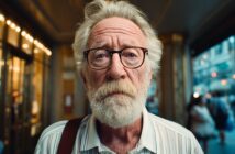 An older man with white hair, a beard, and glasses stands outside in a city setting, wearing a striped shirt and carrying a shoulder bag. The background is softly blurred with lights and people.