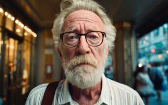 An older man with white hair, a beard, and glasses stands outside in a city setting, wearing a striped shirt and carrying a shoulder bag. The background is softly blurred with lights and people.