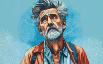 Illustration of an older man with gray hair and beard, wearing a light blue shirt and orange jacket. He looks upward with a thoughtful expression against a blue textured background.