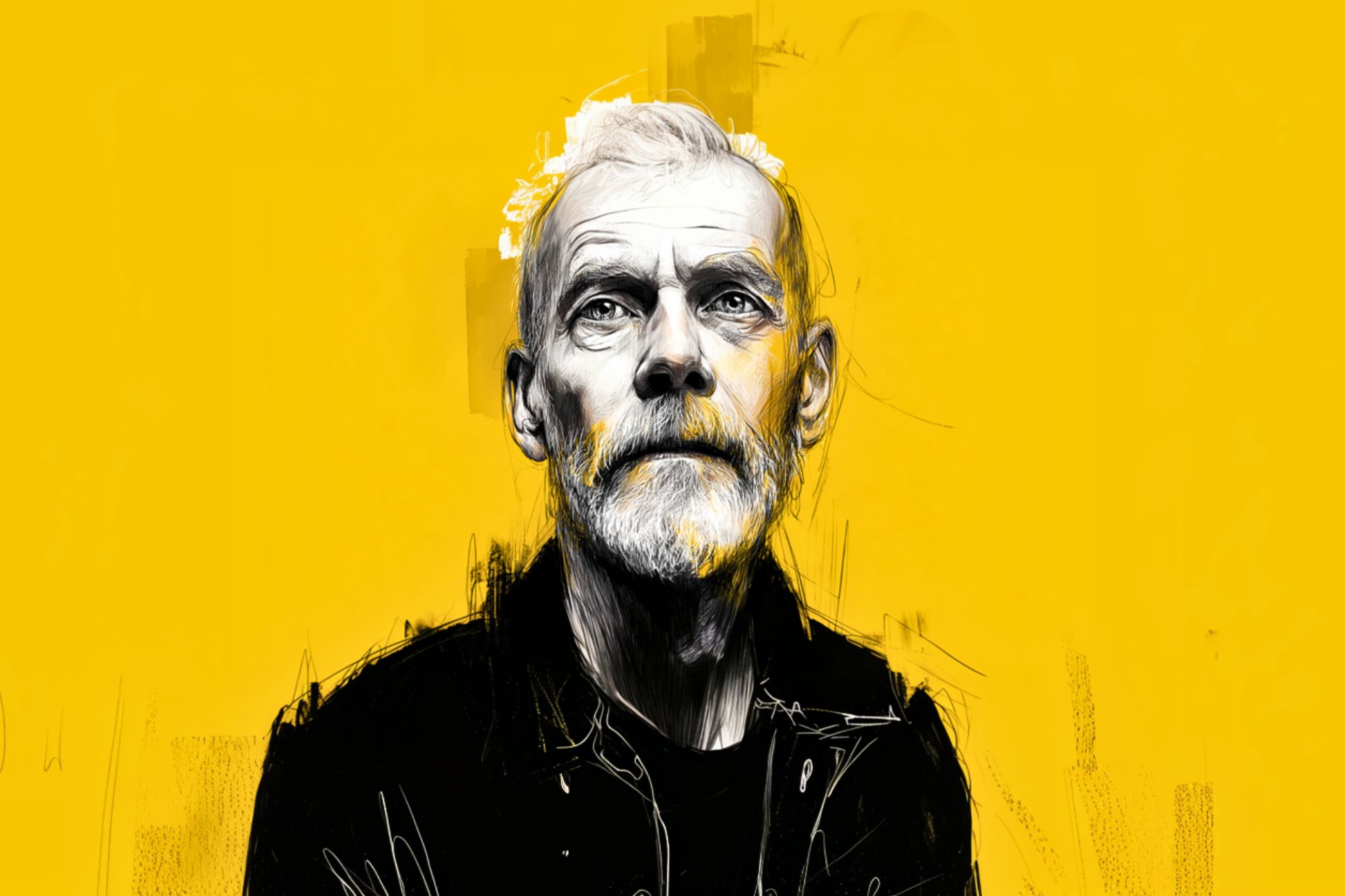 A digital illustration of an older man with a white beard and hair, wearing a dark jacket, set against a bright yellow background. The portrait uses sketch-like, expressive lines and shading.