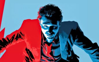 Stylized illustration of a man in a suit, dramatically lit with red and blue tones, looking up with intense expression against a light blue background.