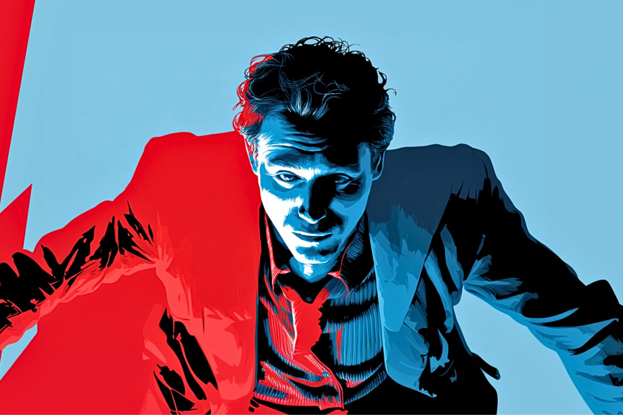 Stylized illustration of a man in a suit, dramatically lit with red and blue tones, looking up with intense expression against a light blue background.