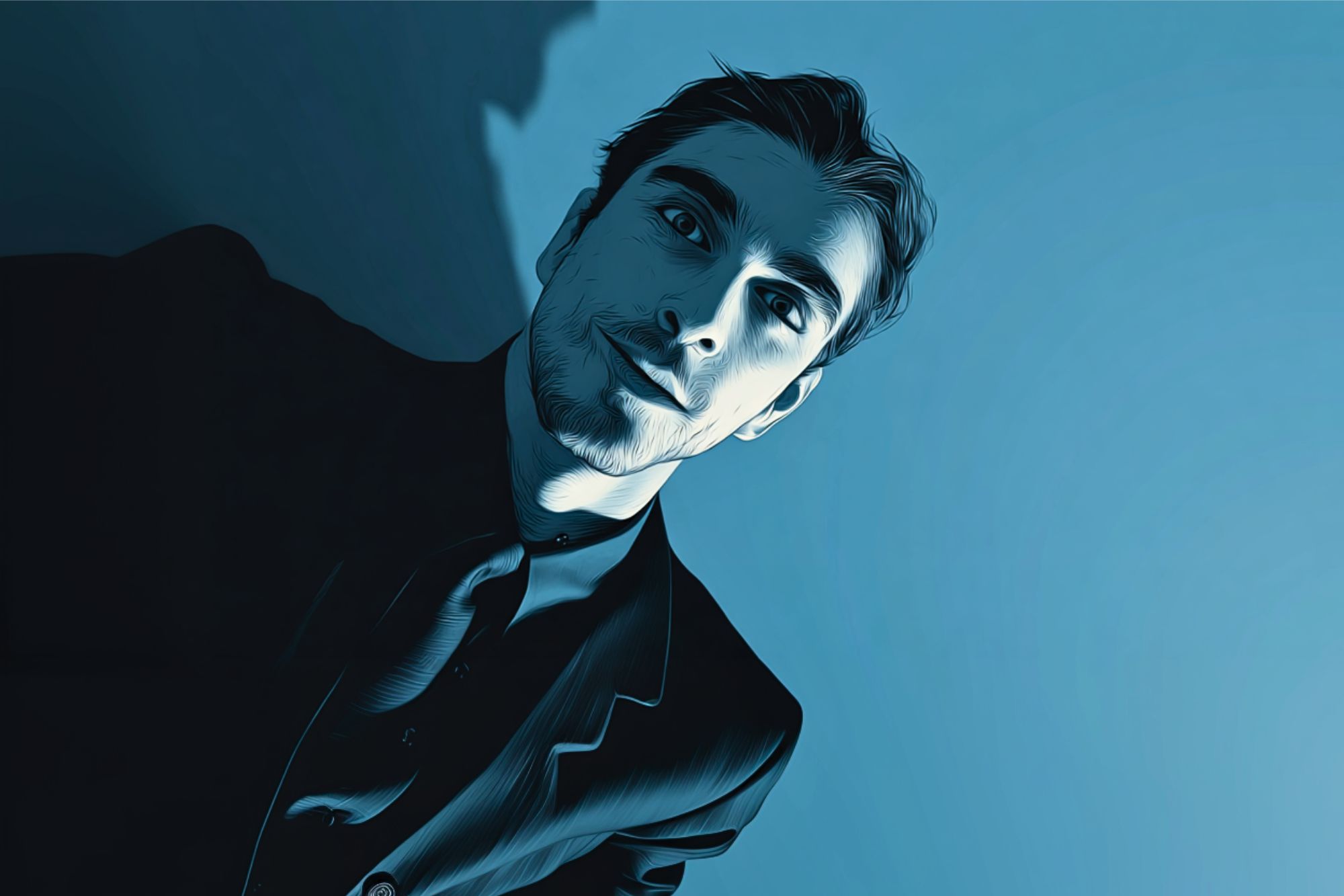 A digital illustration of a man in a suit and tie, gazing slightly upward, with dramatic blue and black shading and a minimalist background.