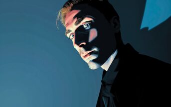 Stylized illustration of a man in a suit, gazing intensely with dramatic blue and shadowy lighting highlighting his face, creating a mysterious and moody atmosphere.